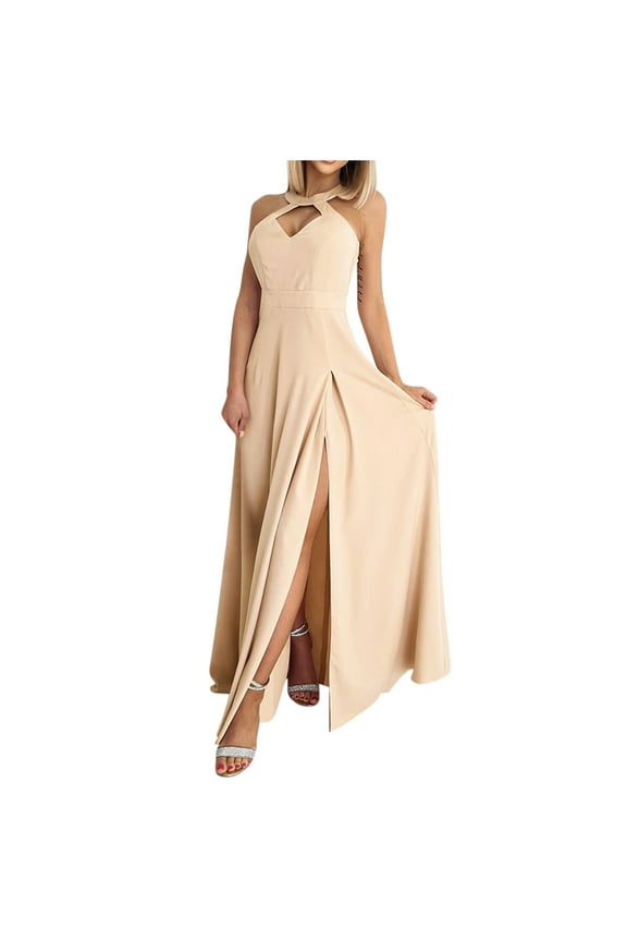 YWDJ Womens Dresses Midi Length Semi Formal Fashion Elegant England Halter Neck Sleeveless Solid Floor-Length Dress Spring Summer Dresses for Women 2023KhakiS