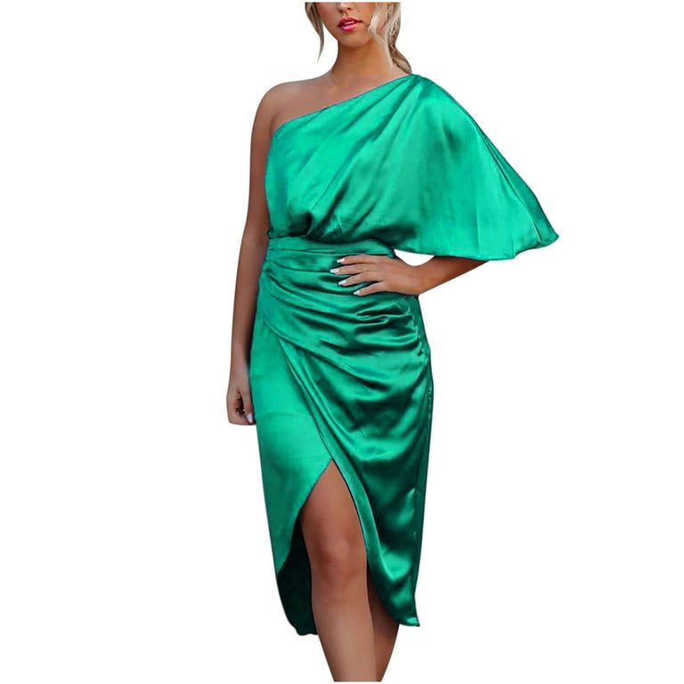 YWDJ Womens Dresses Midi Length Semi Formal Fashion Elegant Off Shoulder  Irregular Dress Solid Color Dress Spring Summer Dresses for Women  2023GreenM 
