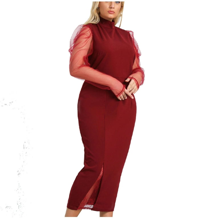 YWDJ Womens Dresses for Wedding Guest Fashion Long Sleeve Round Neck  Slim-fit Bag Hip Plus Size Dress Spring Summer Dresses for Women 2023RedXL