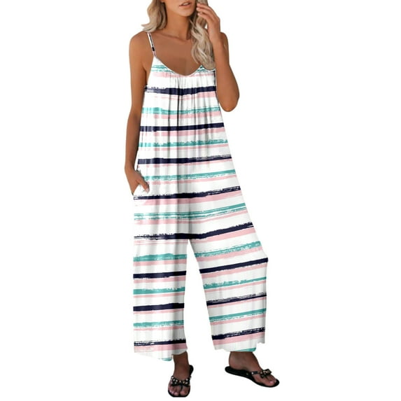 YWDJ Womens Jumpsuits Casual Fancy Summer Wide Leg Loose Fit Long Pant Sleeveless Ladies Travel Comfortable 2023 Vacation Womens Jumpers and Rompers Casual Stripe Printing with Pockets Navy XXL