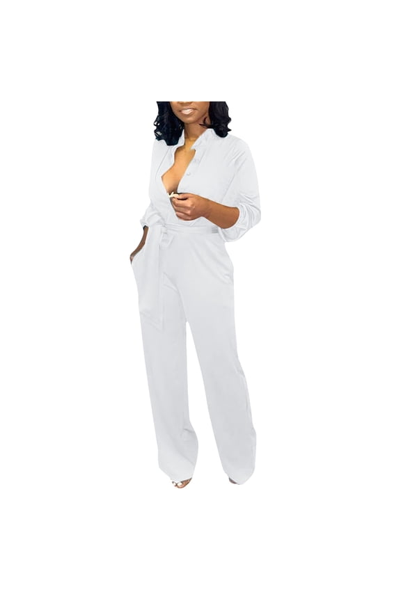 YWDJ Womens Jumpsuits Dressy Long Sleeve Wide Leg Long Pant Ladies Travel Comfortable 2023 Vacation Fancy Jumpsuits for Women Jumpers and Rompers Casual Fashion Solid Color with Belt White L