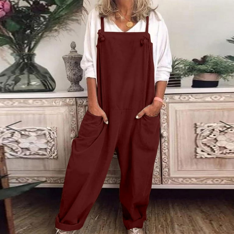 YWDJ Womens Jumpsuits Dressy Relaxed Fit Baggy Casual Linen Overalls Loose  Dungarees Romper Playsuit Cotton And Jumpsuit A Popular Choice for Everyday  Wear Work Casual Event 46-Wine XXL 
