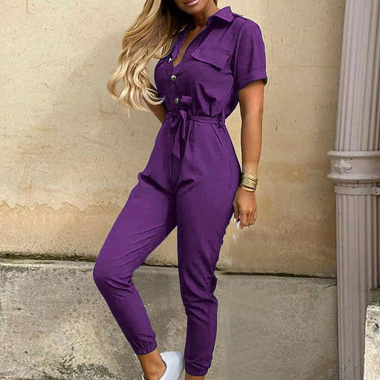 YWDJ Womens Jumpsuits and Rompers With Sleeves Short Sleeve Trendy Casual  with Belted Long Pant Fashion Solid Color Lapel Belt Overalls for Everyday