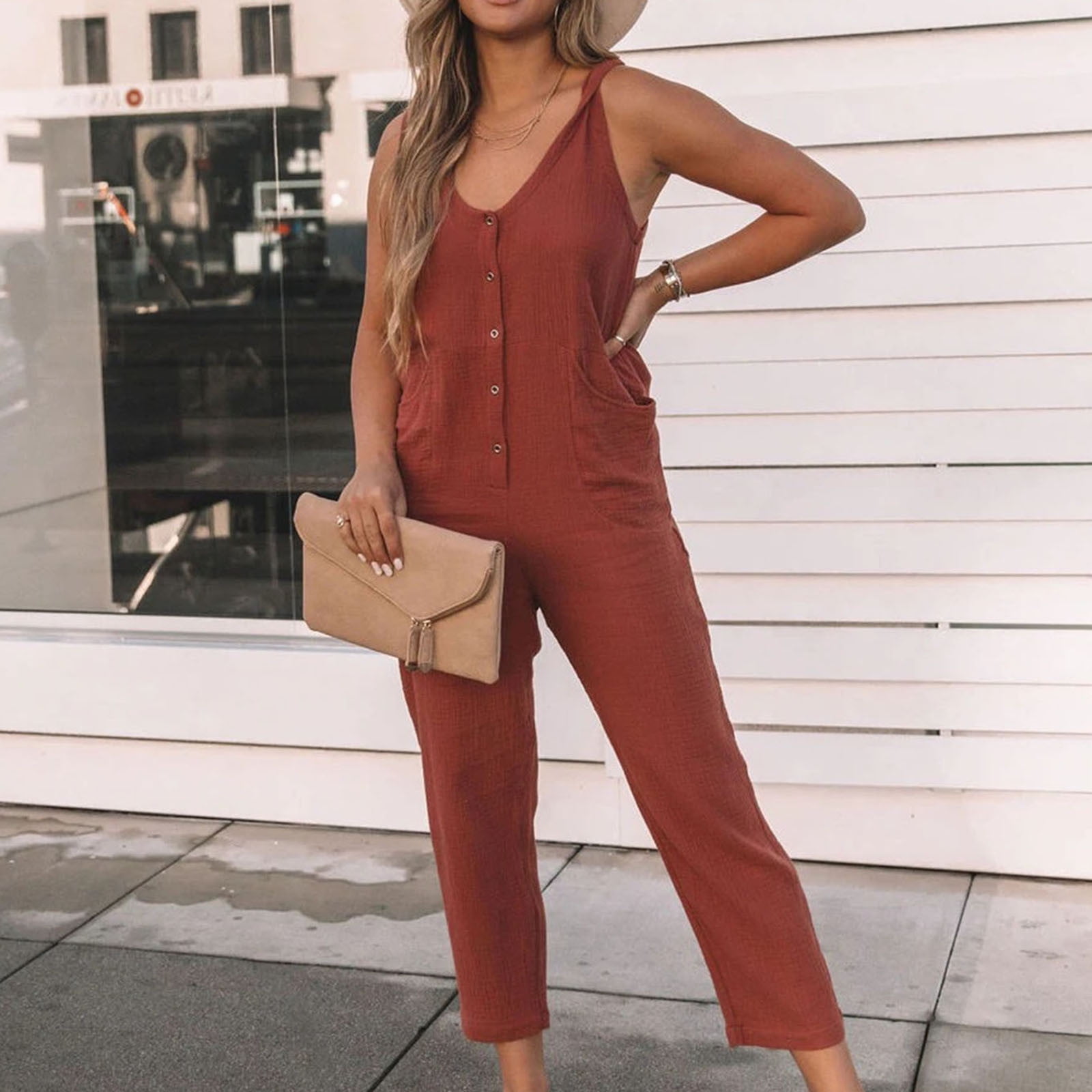 YWDJ Womens Jumpsuits Summer Casual Sleeveless Summer Long Sleeve Gentle  Solid Color Button Long Jumpsuit A Popular Choice for Everyday Wear Going  to