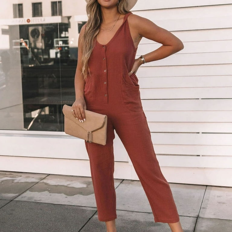 YWDJ Womens Jumpsuits Summer Casual Sleeveless Summer Long Sleeve Gentle  Solid Color Button Long Jumpsuit A Popular Choice for Everyday Wear Going  to Work Attending a Casual Event 14-Red M 