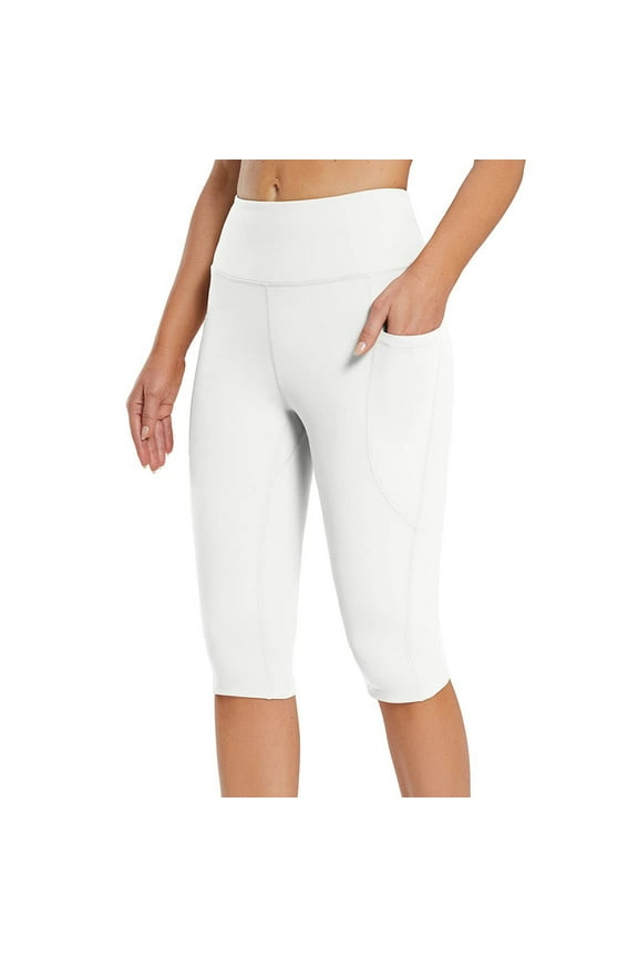 YWDJ Womens Leggings Capris With Pockets High Waist Casual Yogalicious Summer Utility Dressy Everyday Soft Solid Color Pocket Knee Length Leggings Capris For Casual Summer With Pockets White XXL