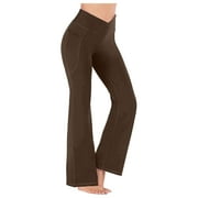 YWDJ Womens Leggings Workout Flare Long Length Capris High Waist Casual Sports Yogalicious Crossover Boot Cut Summer Utility Dressy Everyday Soft Solid Color Cross Waist Leggings for Women Coffee XL