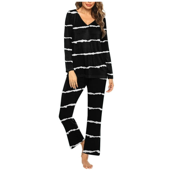 YWDJ Womens Pajama Sets Plus Size Long Sleeve Lightweight Striped Shirt 2 Piece Long Pants Loungewear L Black