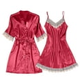 thumbnail image 1 of YWDJ Womens Robes Lightweight Lace Short Length Solid Short Sleeve 2 Piece Pajamas L Wine, 1 of 3