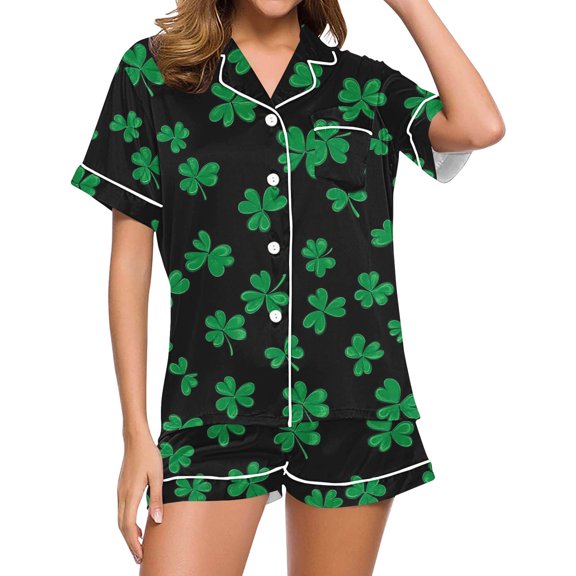 YWDJ Womens Short Pajamas Set Plus Size St Patricks Day Lightweight Clover Short Sleeve Button Down Shirts 2 Piece Shorts Loungewear M Black
