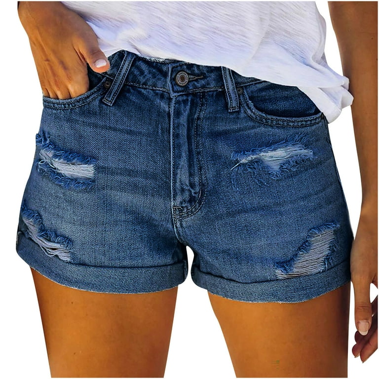 YWDJ Womens Shorts Denim Stretch Tummy Control Pocket Solid Jeans Denim  Pants Female Hole Bottom Casual Shorts Dark Blue S 