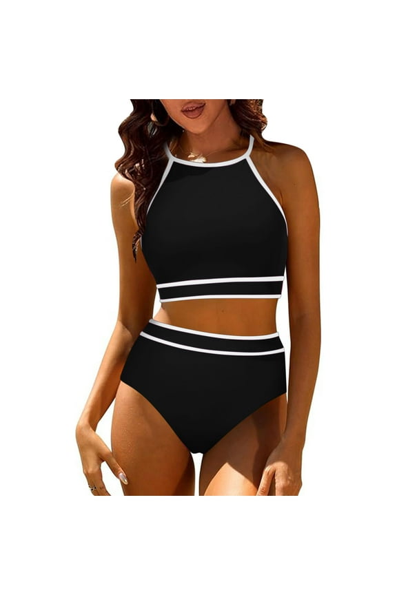 YWDJ Womens Swimsuit Swimsuits 2 Piece Hawaiian Tropical Print Swim Cami Bra And Ruffles Bathing Sets Beachwear Black L