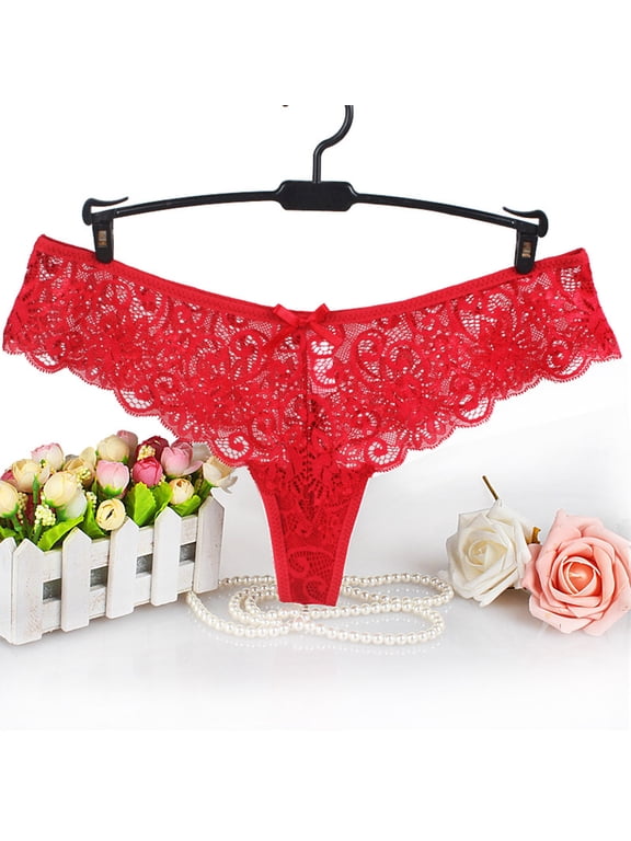 YWDJ Womens Thong Underwear Lace Lightweight No Show Fashion Sexy Lace Flower Transparent Gauze Bow Low Waist G-string Pants Panties Thong Red L