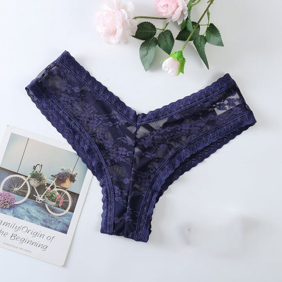 YWDJ Womens Thong Underwear Lace Lightweight No Show Lingerie G-string Lace Briefs Underwear Panties T String Thongs Knick Dark Blue XL