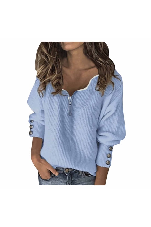YWDJ Womens Tops Casual Fashion Women's Solid Patchwork V-Neck Zipper Long Sleeves T-Shirt Blouse Tops Blue M