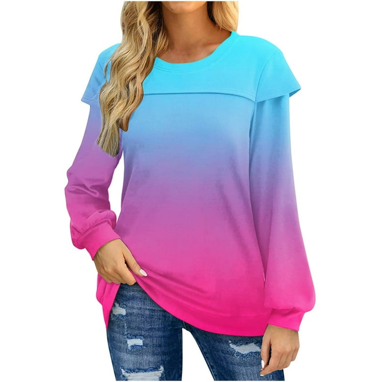 YWDJ Womens Tops Dip Dye with Crew Neck Long Sleeve Blue XXL 