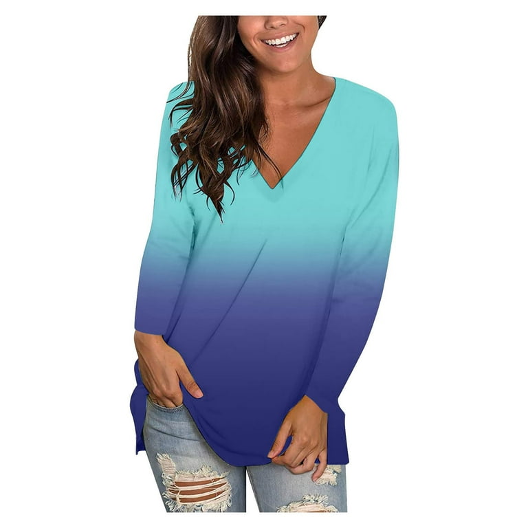 YWDJ Womens Tops Dressy Casual Fall Women's V Neck T Shirts Casual Gradient  Tops Blouse Tunic Long Sleeve Fit Tees Blue XS 