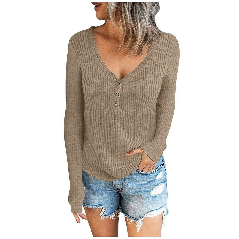 YWDJ Womens Tops Dressy Casual Long Sleeve Solid with Square Neckline Long  Sleeve Khaki M 