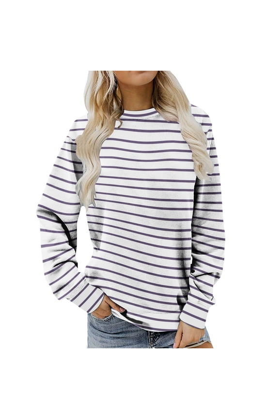 YWDJ Womens Tops Dressy Casual Long Sleeve Stripes Print with Crew Neck Long Sleeve Purple XL