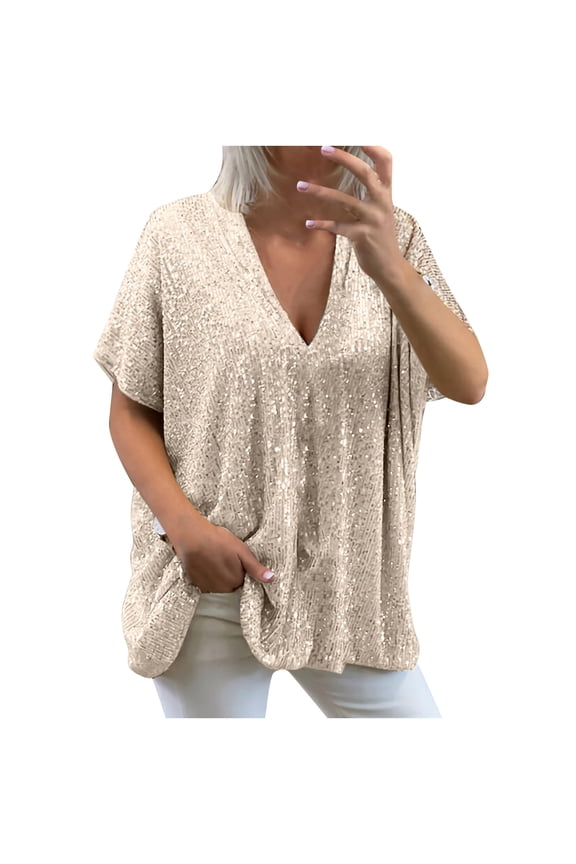 YWDJ Womens Tops Dressy Novelty with V Neck Short Sleeve Gold M