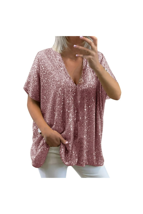 YWDJ Womens Tops Dressy Novelty with V Neck Short Sleeve Pink XXL