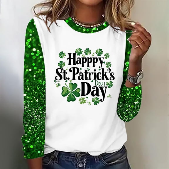 YWDJ Womens Tops Long Sleeve Plus Size St Patricks Day Green Plus Size with Crew Neck Polyester Casual St. Patricks Day Blouse Tops for Irish Themed Gifts 4XL