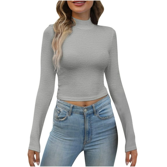 YWDJ Womens Tops Long Sleeve Solid with Crew Neck Long Sleeve Gray L