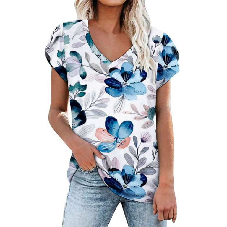YWDJ Womens Tops Short Sleeve Casual Fashion Summer V Neck Short Sleeve  Print Casual T shirt Blouse Blue XXL 
