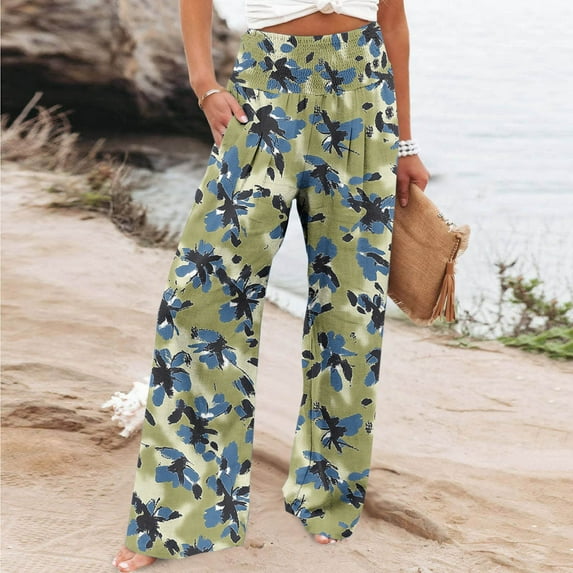 YWDJ Womens Wide Leg Lounge Pants Tall High Waist Plus Size Lounge Pants with Pockets Wide Leg Elastic Waist Full Length Trouser Loose Beach Pants Flowers Multicolor 2XL Tall Summer Clothes