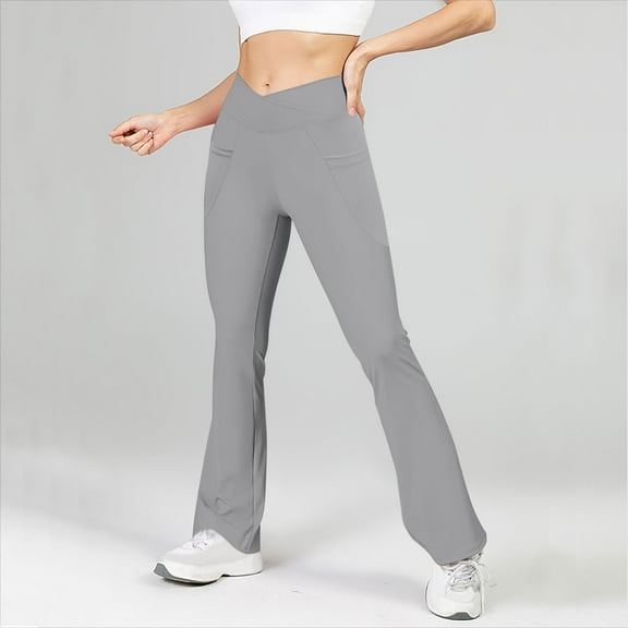 YWDJ Yogalicious Leggings Flare Gray Mid Waist Workout Pants with Pockets Full Length Curvy Casual Long Bootcut Workout Pants for Work out Pull on Solid Lightweight Comfy S Breathable Gym Clothes