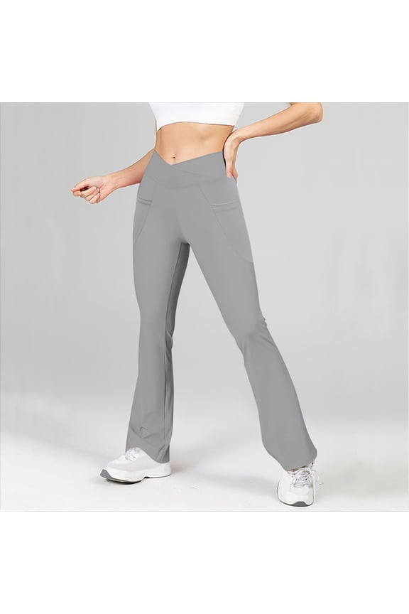 YWDJ Yogalicious Leggings Flare Gray Mid Waist Workout Pants with Pockets Full Length Curvy Casual Long Bootcut Workout Pants for Work out Pull on Solid Lightweight Comfy S Breathable Gym Clothes