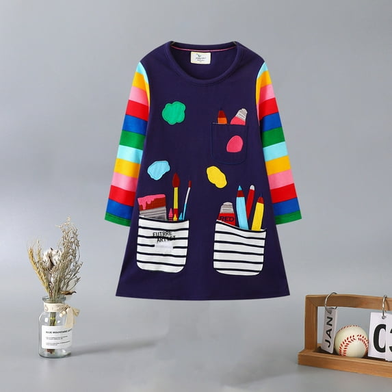 YWDJ Young Girls 2-3 Years Old Cotton Dress Rompers Long-sleeved Dress Outerwear Outfits Dress Spring New Childrens Dresses Long-Sleeved Blue 2Y