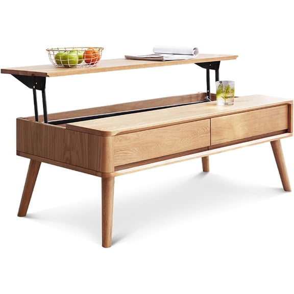YWEN 100% Solid Wood Lift Top Coffee Table for Living Room, Mid Century Modern Tables with Drawers and Large Storage, Oak Coffee Tables for Small Spaces (Oak Wood Log, 47.24" W x 23.62" D x 25.59" H)