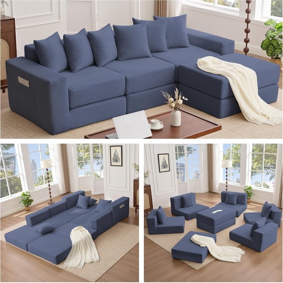 YWEN 102" Oversized L Shaped Convertible Sleeper Sofa Bed, Corduroy Modular Folding Sectional Sofa with 6 Pillows & Side Pockets, Modern Floor Couch for Living Room, Blue