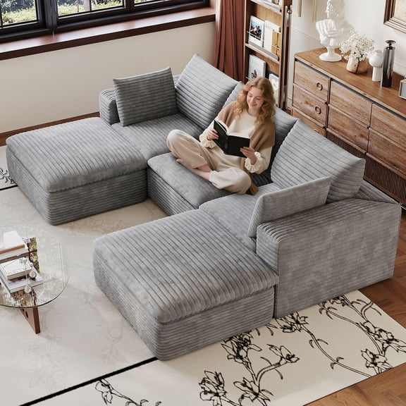 YWEN 103" Cloud Couch Modular Sectional Sofa for Living Room, U-Shape Boneless Couch with Deep Seat, Modern Corduroy 3-Seater with Ottoman, No Assembly Required