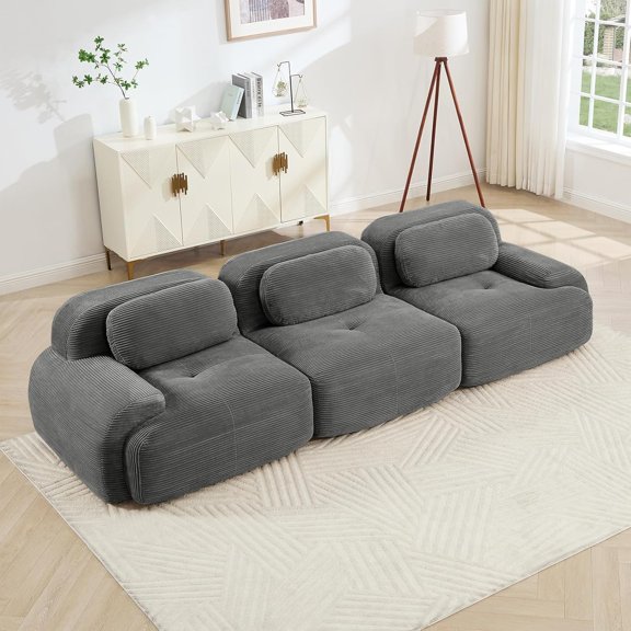 YWEN 116" Modern Compressed Boneless Couch, 3 Seater Sectional Couches for Living Room, Gray Corduroy Cloud Modular Sectional Sofa, Comfy Memory Foam, Extra Deep, No Assembly,Grey