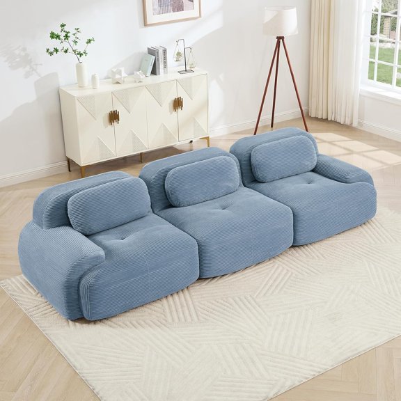YWEN 116" Modern Compressed Boneless Couch, 3 Seater Sectional Couches for Living Room, Gray Corduroy Cloud Modular Sectional Sofa, Comfy Memory Foam, Extra Deep, No Assembly,Blue