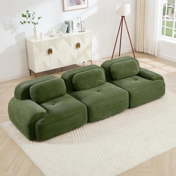 YWEN 116" Modern Compressed Boneless Couch, 3 Seater Sectional Couches for Living Room, Gray Corduroy Cloud Modular Sectional Sofa, Comfy Memory Foam, Extra Deep, No Assembly,Green
