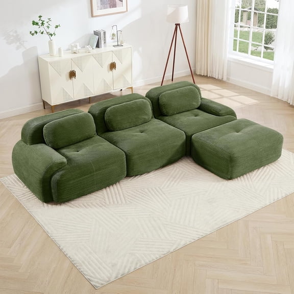 YWEN 116" Modern Compressed Boneless Couch with Ottoman, 3 Seater Large L Shaped Sectional Couches for Living Room, Corduroy Cloud Modular Sectional Sofa, Memory Foam, Extra Deep, No Assembly