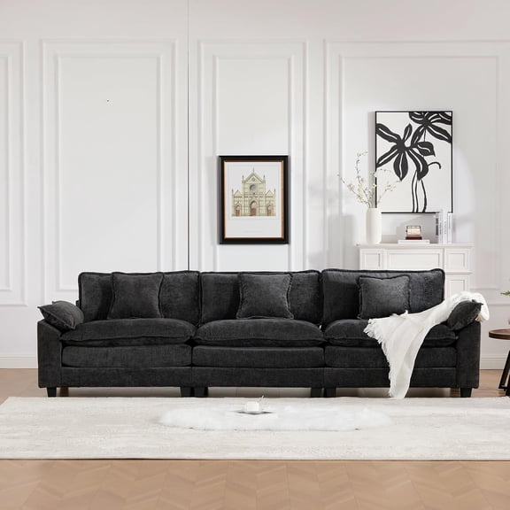 YWEN 117.3" Modern Chenille Modular Cloud Sofa, 3 Seater Couch with Spring Cushions, Featuring Deep Seats and Pillows, Easy Assembly, Comfy Couches for Living Room,Black