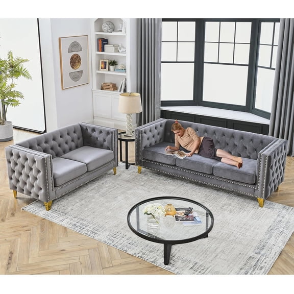 YWEN 2 Piece 81" 3-Seater + 58" Loveseat Velvet Sofa Set,Buttons Tufted and Square Arm,Inlaid Gold Nail Heads and 4 Golden Metal Legs for Living Room