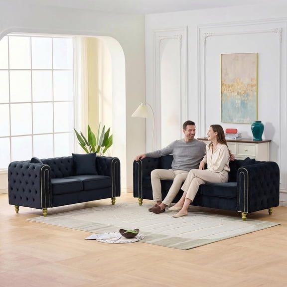 YWEN 2 Piece 86" Velvet Sofa Sets, 3+2-Seater Couch Comfy Velvet Sofa, Button Tufted Rolled Arms and Gold Legs for Primary Living Space