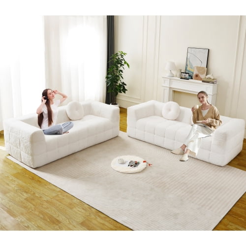 YWEN 2 Piece Modern Boneless Sofa , Lychee-textured Long-pile Polyester Fabric, Checkered Fabric Design Foam Couch