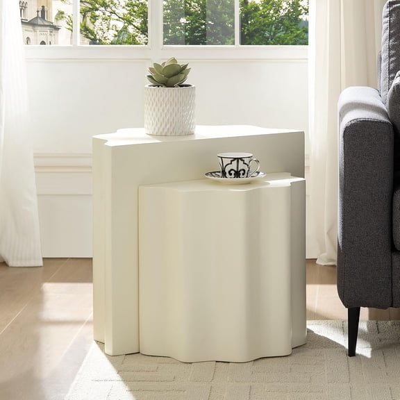 YWEN 2-in-1 Irregular Nesting Side Table End Table Set of 2 for Living Room, Fiberglass Material & No Assembly, Beige