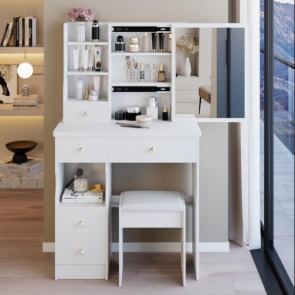 YWEN 29.2" Small Size Vanity Desk with Drawers & Sliding Mirror, Cushioned Stool Included, Multi-Layer Storage, Hidden Compartments,Practical & Fashionable Dresser for Small Spaces