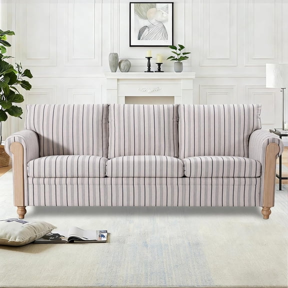 YWEN 3 Seater Couch,Farmhouse Sofa with Solid Wood Frame and Rolled Armrests,Deep Seat Couch with Plush Cushions in Durable Stripe Fabric for Living Room,Bedroom and Office.(3 Seater Couch)