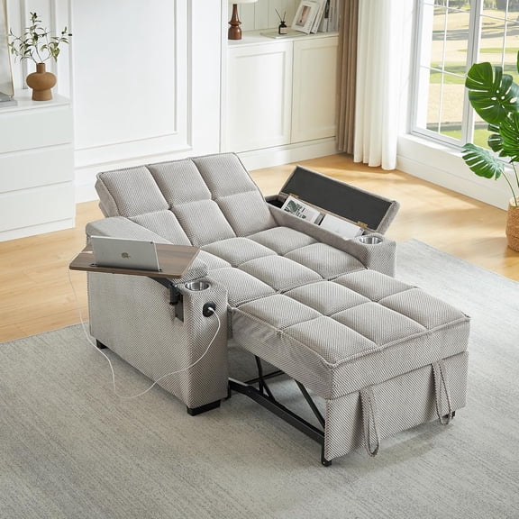 YWEN 3-in-1 Convertible Sofa Bed, Pull Out Couch with USB Ports, Cup Holders & Storage Armrests, Sleeper Chair with 360° Swivel Side Table and Adjustable Backrest for Living Room