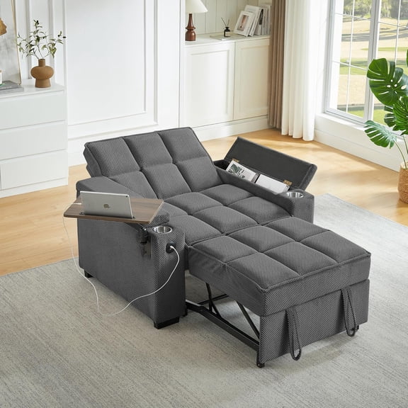 YWEN 3-in-1 Convertible Sofa Bed, Pull Out Couch with USB Ports, Cup Holders & Storage Armrests, Sleeper Chair with 360° Swivel Side Table and Adjustable Backrest for Living Room