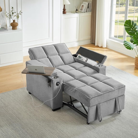 YWEN 3-in-1 Convertible Sofa Bed, Pull Out Couch with USB Ports, Cup Holders & Storage Armrests, Sleeper Chair with 360° Swivel Side Table and Adjustable Backrest for Living Room