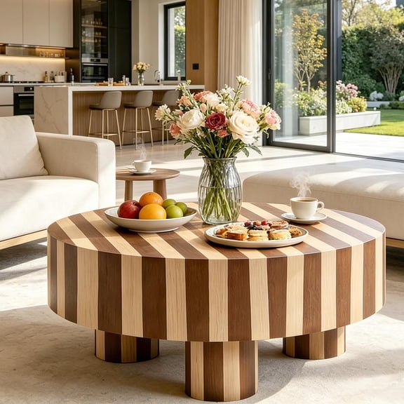 YWEN 31.5" Modern Round Wood Coffee Table MDF Center Table Striped Design Modern Dinning Table for Living Room, Office, Apartment.(Stripes)